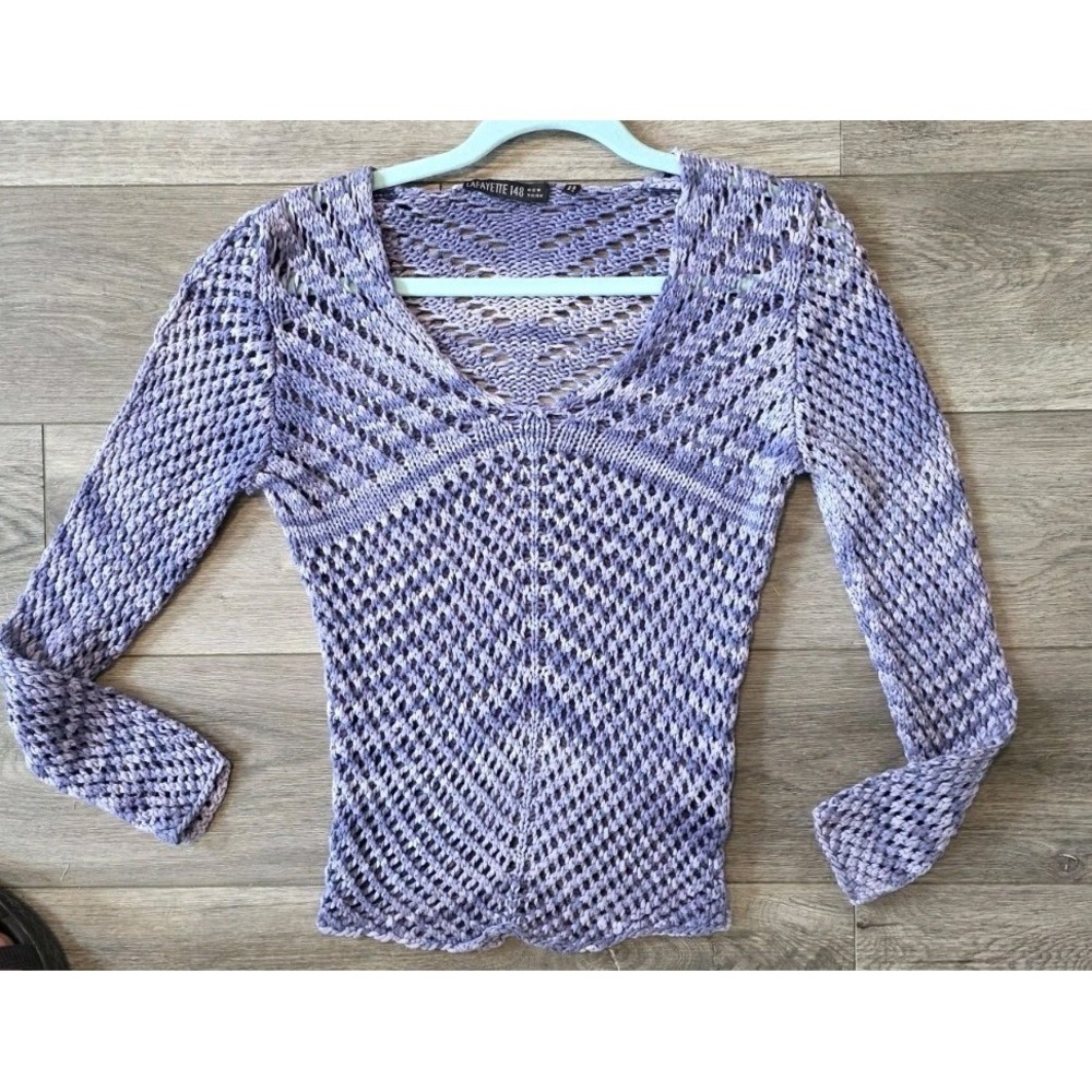 Lafayette 148 NY Sweater M Purple Open Knit Chevron V Neck Stretchy Coastal Boho